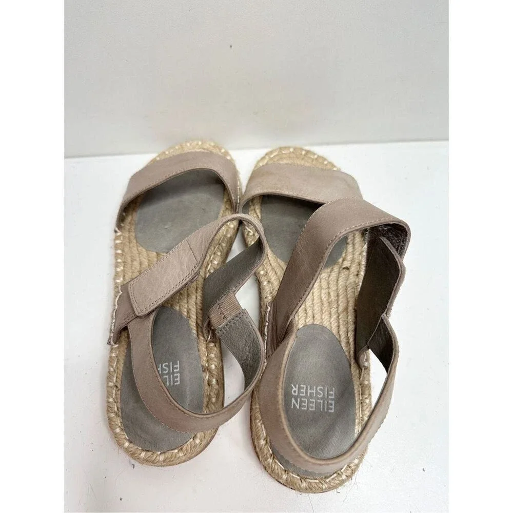 Eileen Fisher Taupe Leather Espadrille Flat‎ Sandals Size 6 Open Toe